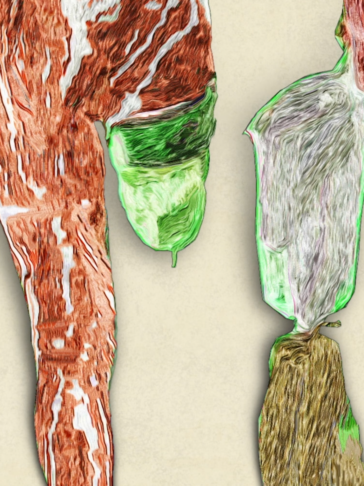 photo of an amputee's leg and residual limb, with their prosthesis beside. It has been digitally drawn over in a swirling style that uses colors from anatomical drawings.