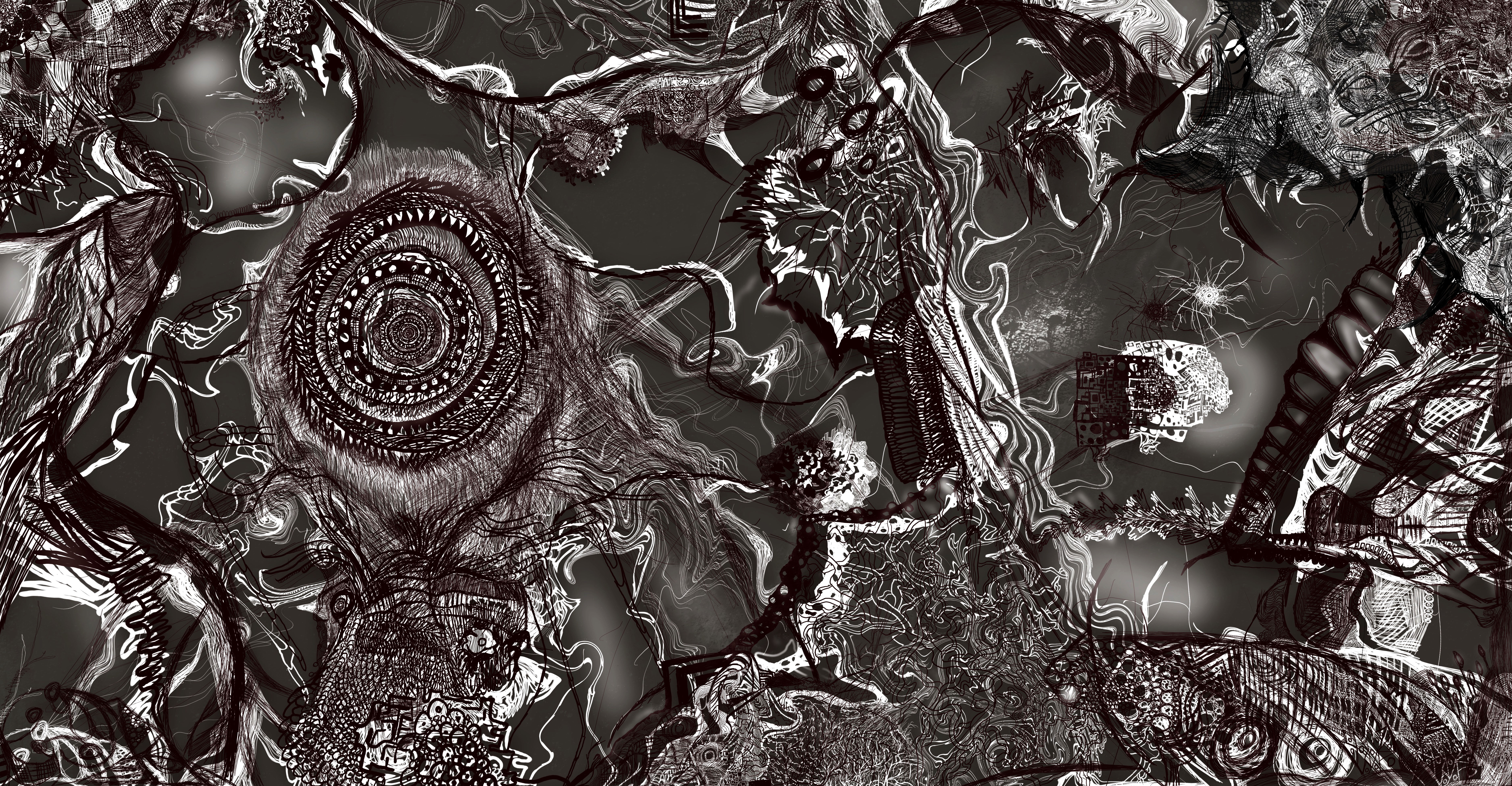 an abstract digital ink drawing of intricate line work in dark greys and whites.