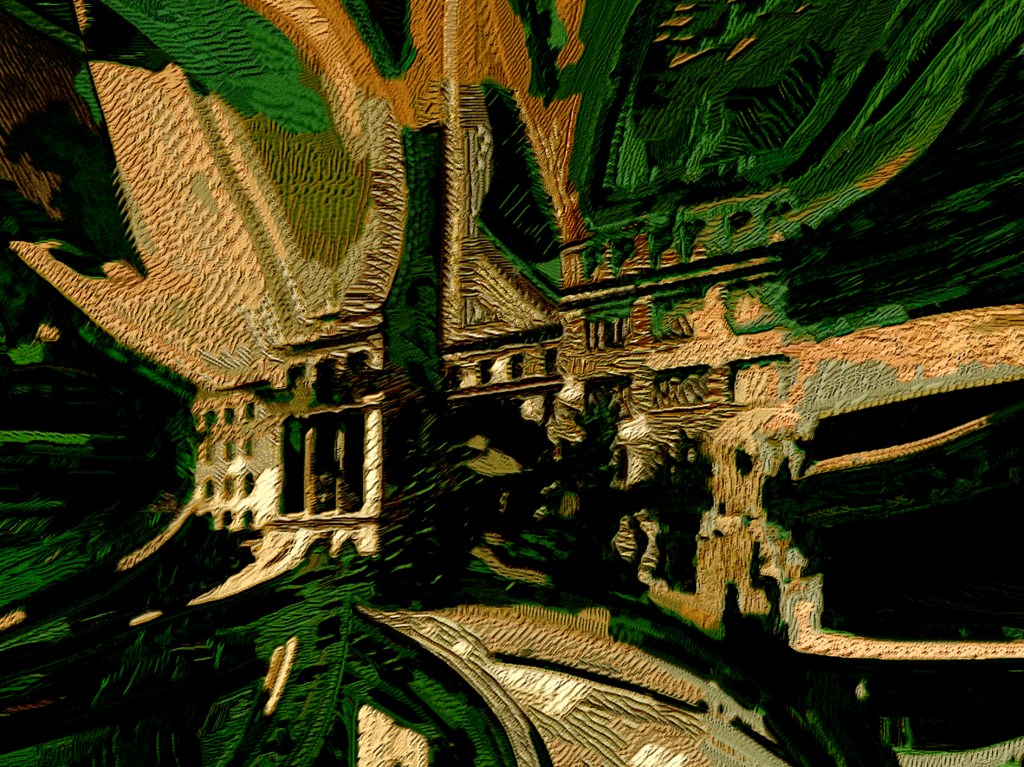 A distorted image of a mental institution, with textures like mushroom gills.